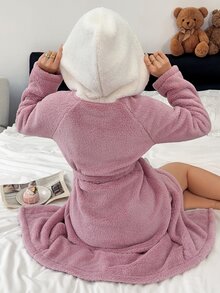 Napfluff Damers lång mjuk plysch avslappnad minimalistisk mode bekväm huva långärmad morgonrock med fickor, lämplig för utomhusbruk - Mauve Lila - Visa 5