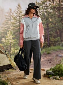 Exploreva Women's Outdoor Contrast Color Zipper Half Placket Long Sleeve Regular Jacket - Coral Pink - View 5