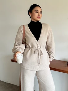 Dazy Plus Setelan Dua Potong Atasan Asimetris Warna Polos dengan Ikatan Depan & Celana Panjang Kasual untuk Kerja di Kantor, Musim Gugur/Musim Dingin, Model Sweater Baru - Khaki - View 8