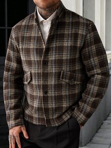 Manfinity Homme 2026春夏男士深棕色格紋羊毛混紡立領短版夾克，復古工裝風 - 彩色 - 查看 5