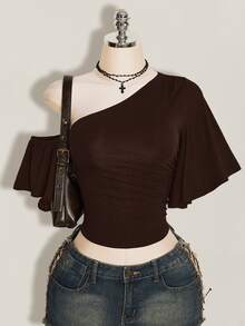 SHEIN ICON 女款素色不對稱肩休閒日常穿搭上衣 - 咖啡棕 - 查看 1