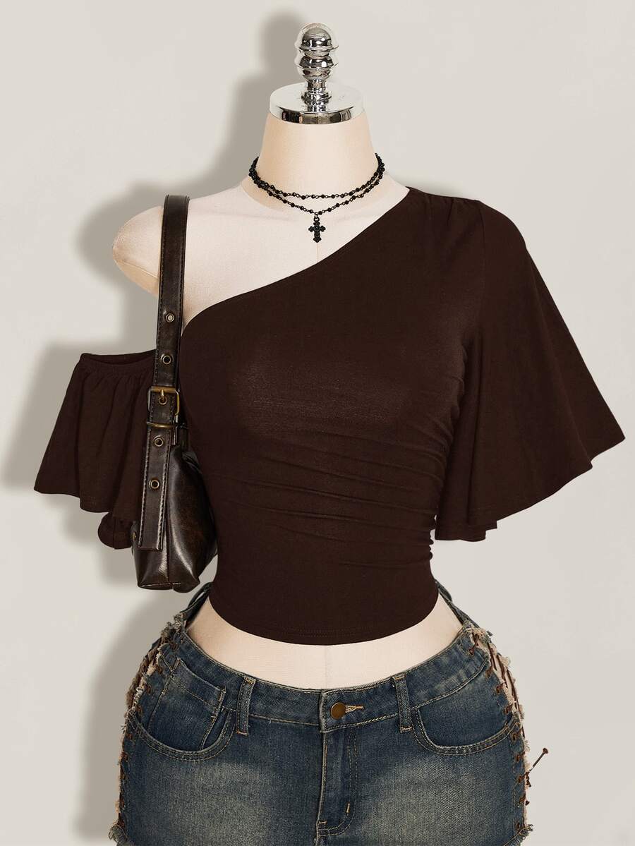SHEIN ICON 女款素色不對稱肩休閒日常穿搭上衣 - 咖啡棕 - 查看 1