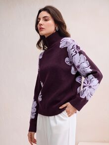 Anewsta Elegant Fashion Commuter Style Floral Rhinestone Women's Sweater - Purple - View 6