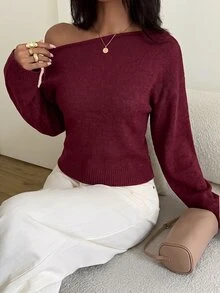 Aloruh 女款休閒秋季新款針織不對稱肩喇叭袖長袖寬鬆收腰花卉毛衣 - 酒紅色 - 查看 4