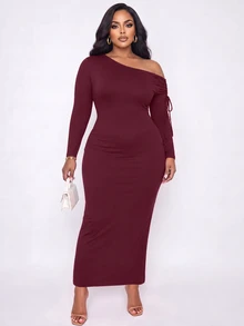 Poshavie Poshavie Plus Size Women's Minimalist Elegant Long Dress, Fashionable Asymmetrical Shoulder Ruched Design Elastic Fitted Dress, Slimming Versatile, Suitable For Daily Wear And Parties - Burgundy - View 4