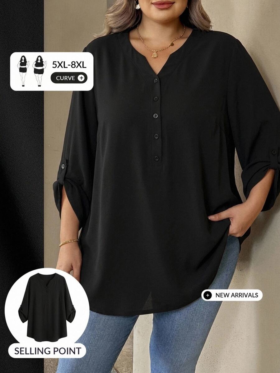 SHEIN CURVE+ Plus Size 22W Women's Early Spring Purple Red 3/4 Sleeve Shirt Fall - Black - View 1