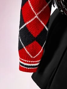 Amplova Women's Knitted Sexy Avant-Garde Plaid Collar Campus Style Outfit Suitable For Back To School Season - Red - View 8