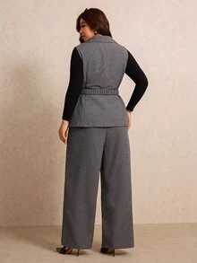 Elaquor Plus Size Women's Lapel Sleeveless Vest And Long Pants Suit 2 Pieces Set - Grey - View 2
