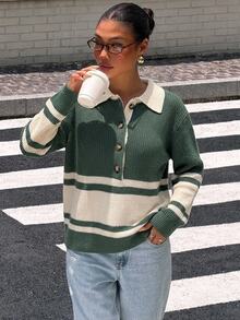 Livesso Women's Green Round Neck Long Sleeve Cable Knit Slim Fit Ribbed Casual Sweater, Autumn/Winter - Green - View 4