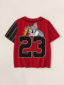 TOM & JERRY X SHEIN Tween Girl Cartoon & Letter Graphic Striped Tee - White - View 2
