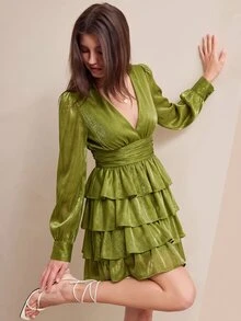BELROSIE 法式甜美小碎花V領短款分層雪紡長袖蛋糕裙 女款迷你洋裝 橄欖綠 秋季 浪漫優雅 週年紀念 - 橄欖綠 - 查看 1
