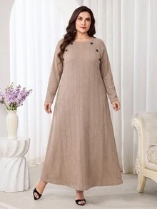 Veilorie Plus Size Women Solid Color Casual Daily Long Sleeve Sweatshirt - Khaki - View 3