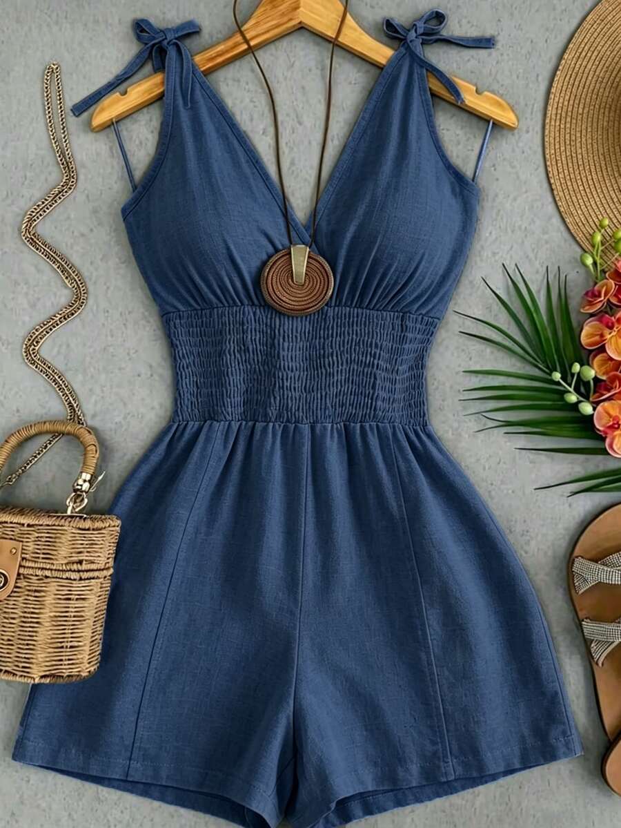 SHEIN Franclia Romper Wanita Warna Polos Plisket Kasual untuk Sehari-hari - Biru - View 1