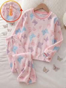 Tween Girls Pajamas, Autumn/Winter New Bow Pattern All-Over Print, Fleece Lined, Thick Plush, Skin-Friendly, Warm, Crew Neck Long Sleeve Top And Long Pants 2 Pieces Set, 1 Set - Multicolor - View 1