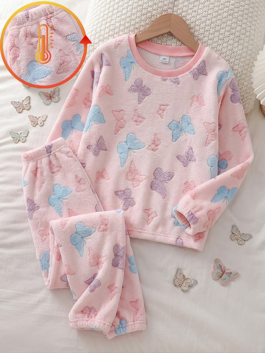 Tween Girls Pajamas, Autumn/Winter New Bow Pattern All-Over Print, Fleece Lined, Thick Plush, Skin-Friendly, Warm, Crew Neck Long Sleeve Top And Long Pants 2 Pieces Set, 1 Set - Multicolor - View 1