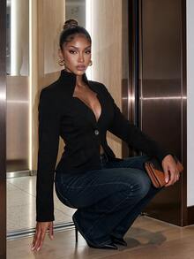 SHEIN SXY Women's Street Style Button Waist Cinched Blazer Jacket - Black - View 7