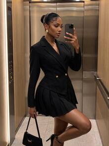 SHEIN SXY Setelan Fashion Wanita Jaket Lengan Panjang dan Rok Warna Polos - Hitam - View 4