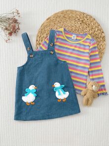 SHEIN Cute Casual Knit Striped T-Shirt & Loose Cartoon Pattern Overall Dress Set - Blue - View 9