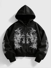 ROMWE MEN Street Life Men's Casual Printed Zip-Up Long Sleeve Hoodie - Black - View 3