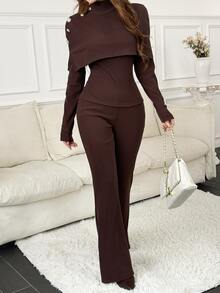 Feyla Women's Solid Color Fashion High Neck Long Sleeve Top And Slim Fit Pants Two Pieces Set - Brown - View 3