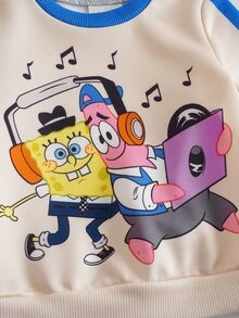 SpongeBob SquarePants | SHEIN Bộ quần áo bé trai họa tiết hoạt hình gồm áo nỉ dài tay và quần nỉ phong cách thường ngày - Màu be - Xem 4
