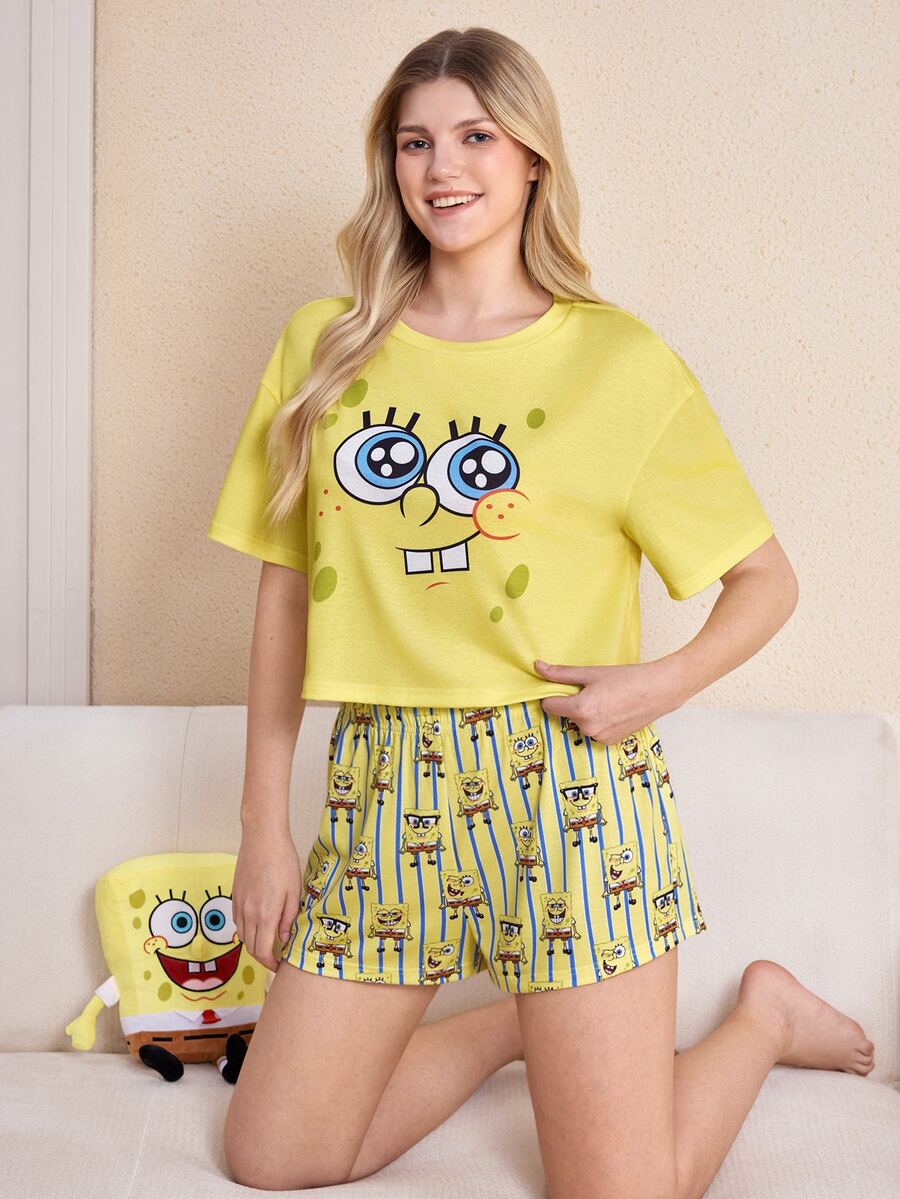 SpongeBob SquarePants | SHEIN 女款卡通印花短袖上衣與短褲休閒居家睡衣套裝 - 黃色 - 查看 1