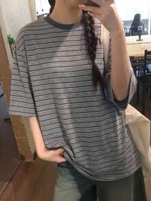 DAZY 女款條紋休閒日常短袖T恤 - 淺灰色 - 查看 8