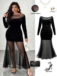 Femmeverse Plus Size Women Mesh Patchwork Elegant Waist-Cinching Party Dress - Black - View 1