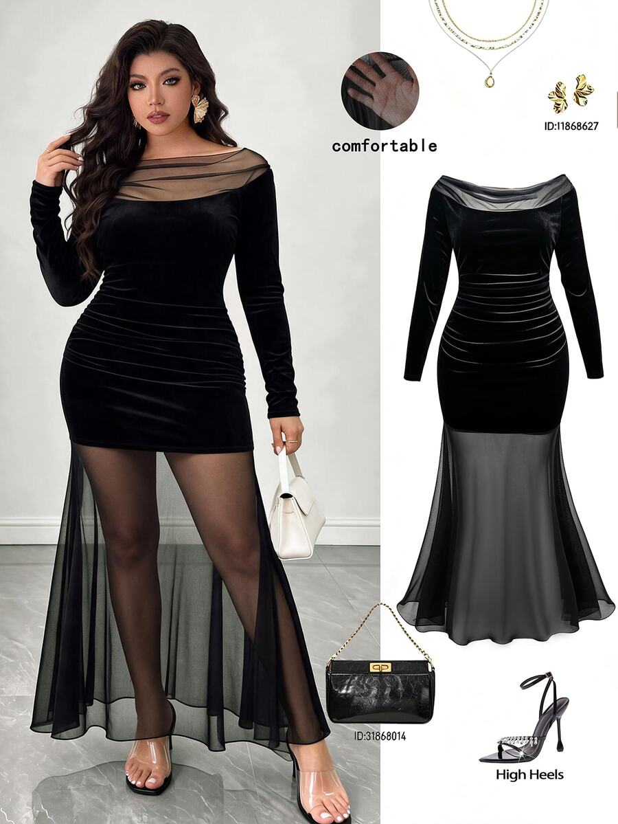 Femmeverse Plus Size Women Mesh Patchwork Elegant Waist-Cinching Party Dress - Black - View 1