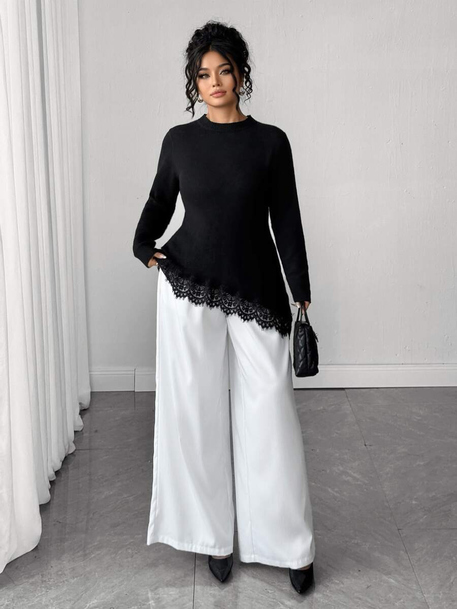 Elenzga Black Round Neck Fitted Long Sleeve Asymmetrical Hem Lace Patchwork Slit Slimming Pullover Sweater - Black - View 1