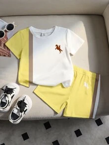 Souflis Souflis 3套組，隨機附贈1套黃色對比色嬰幼兒休閒時尚經典騎士印花圓領短袖T恤與短褲套裝 - 彩色 - 查看 2