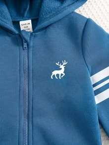 SHEIN 布料紅色男嬰連帽長袖拉鍊連身衣 秋冬連身褲 - 霧霾藍 - 查看 4