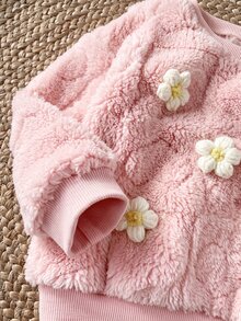 SHEIN Infant Girls Cute Fluffy Pink Floral Sweatshirt & Elastic Waist Long Pants Set - Pink - View 4