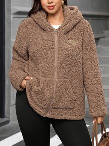 SHEIN Clasi Jaket Lengan Panjang Kasual Serbaguna Wanita Ukuran Besar Warna Polos dengan Resleting - Khaki - View 4