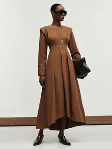 Aveloria Modichic Women's Dress Wide Shoulder Fit And Flare Structured Twill Padded Sleeve Radial Pleat Asymmetrical Hem Brown Elegant Long Fall Thanksgiving Dinner - Brown - View 6