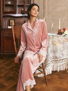 Côtesoire Contrast Lace Trim Velvet Pajama Set - Dusty Pink - View 4