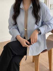 Dazy Plus Office Wear Design Lapel Long Sleeve Blue Striped Button Loose Casual Cotton Shirt - Blue - View 7