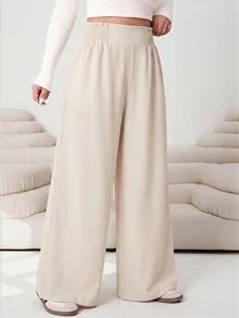 SHEIN CURVE+ 大尺碼女款素色百褶休閒百搭日常穿著長褲 - 卡其色 - 查看 3