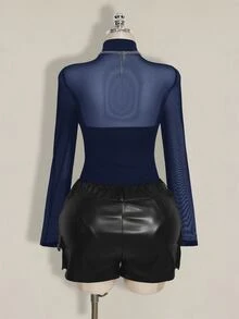 SHEIN ICON Plus Size Mesh Patchwork Y2K Sexy Bodysuit - Navy Blue - View 3