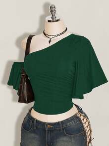 SHEIN ICON 女款素色不對稱肩休閒日常穿搭上衣 - 墨綠色 - 查看 4