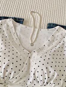 Comfortcana Women's Korean Style Sweet Polka Dot Print Lace Patchwork Long Sleeve T-Shirt Casual Blouses 2000s Style Work Tops - Black and White - View 8