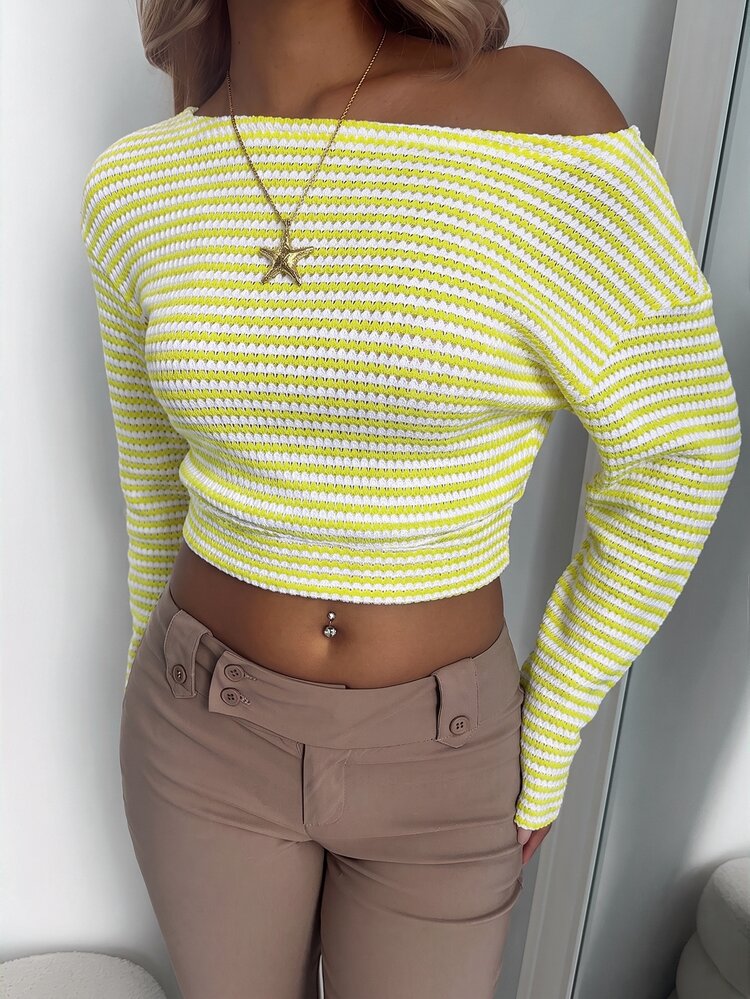 Aloruh New Hot Girl Street Casual Asymmetrical Shoulder Minimalist Versatile Striped Loose Top Tight Bottom Slimming Apricot Asymmetric Shoulder Line Pullover Long Sleeve T-Shirt - Yellow - View 2