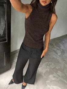 Aloruh 女款秋冬新款街頭風日常高領無袖修身羅紋燕麥色背心毛衣 - 棕色 - 查看 6