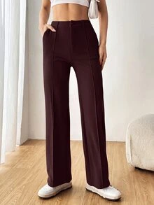 SHEIN EZwear 女款純色直筒西裝長褲 秋冬款 - 酒紅色 - 查看 5