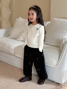 DAZY 女嬰刺繡蝴蝶結裝飾 Polo 領鏤空針織毛衣 - 白色 - 查看 4