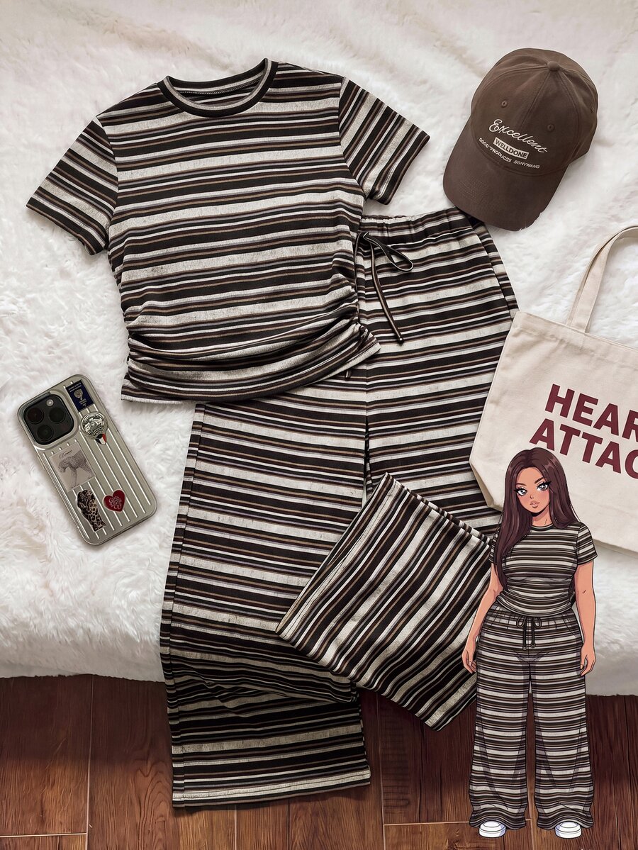 Comfortcana Women's Plus Size Casual Short Sleeve T-Shirt And Drawstring Long Pants Striped 2 Pieces Set - Brown - View 1