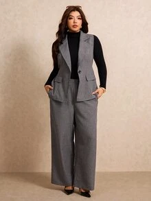Elaquor Plus Size Women's Lapel Sleeveless Vest And Long Pants Suit 2 Pieces Set - Grey - View 4