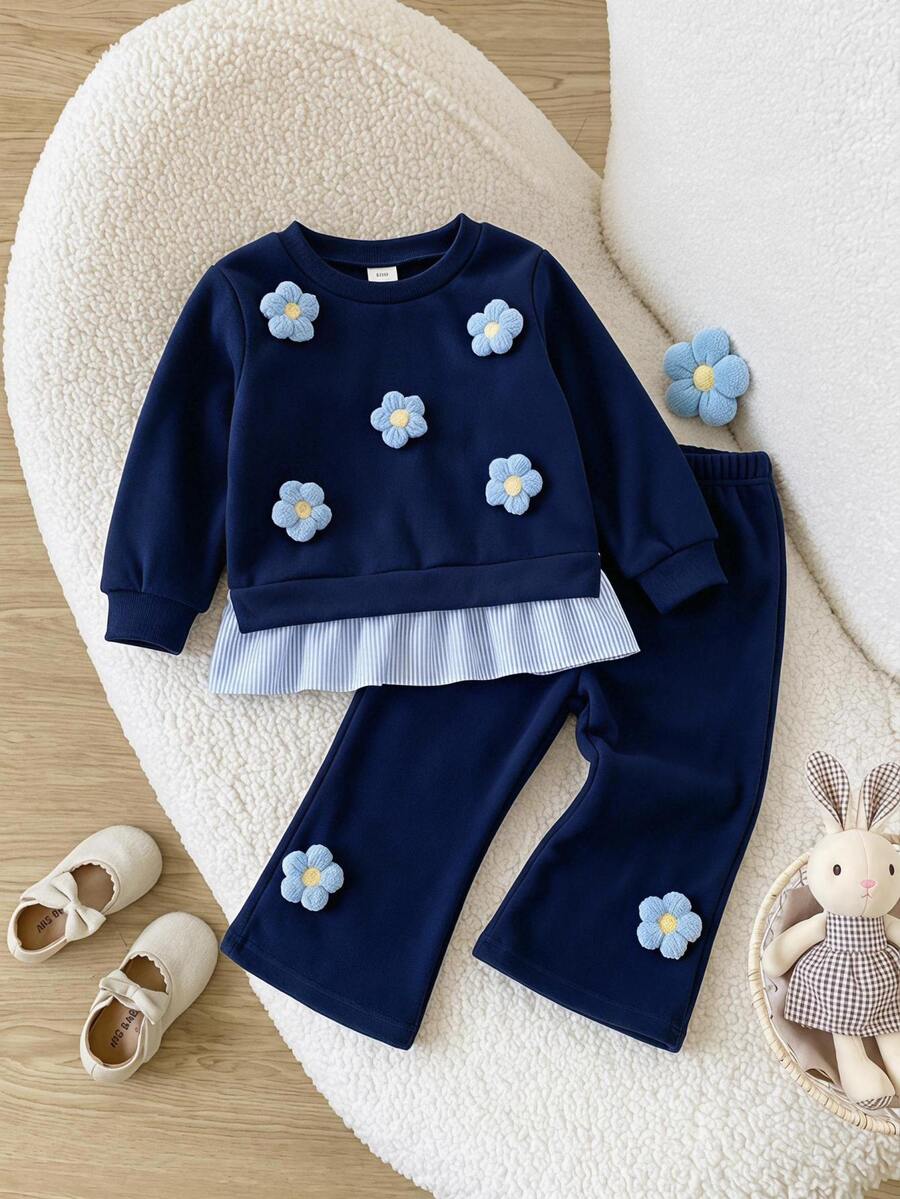 SHEIN Baby Girl Knitted Cute 3D Flower Patchwork Woven Striped Ruffle Hem Casual Sweatshirt And Long Pants 2 Pieces Set - Multicolor - View 1