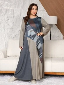 Lacomfia Plus Size Women's Loose Casual A-Line Round Neck Long Sleeve Patchwork Print Autumn Long Dress - Grey - View 6