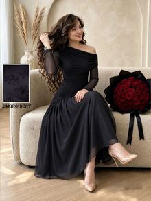 Modelyn Women's Asymmetric Shoulder Long Sleeve Ruched Waist Design Embroidered Mesh High Elastic Pleated Elegant Party Plus Size Dress - Black - View 1